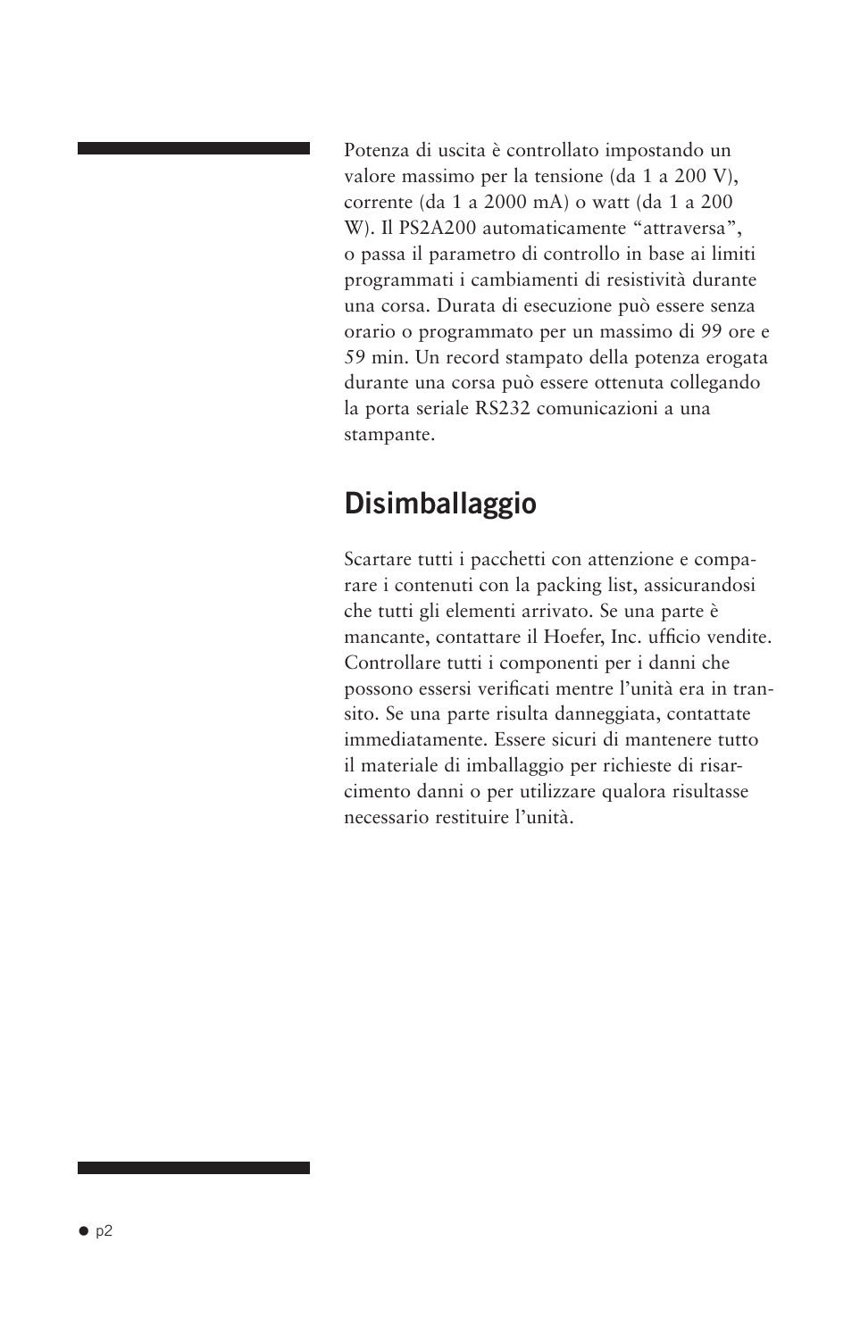 Disimballaggio | Hoefer PS2A200 User Manual | Page 11 / 28