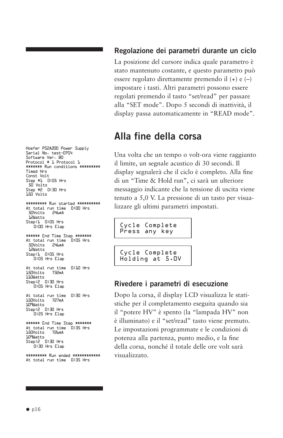 Alla fine della corsa, Regolazione dei parametri durante un ciclo, Rivedere i parametri di esecuzione | Hoefer PS2A200 User Manual | Page 25 / 28