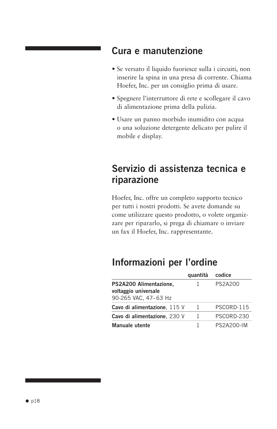 Cura e manutenzione, Servizio di assistenza tecnica e riparazione, Informazioni per l’ordine | Hoefer PS2A200 User Manual | Page 27 / 28