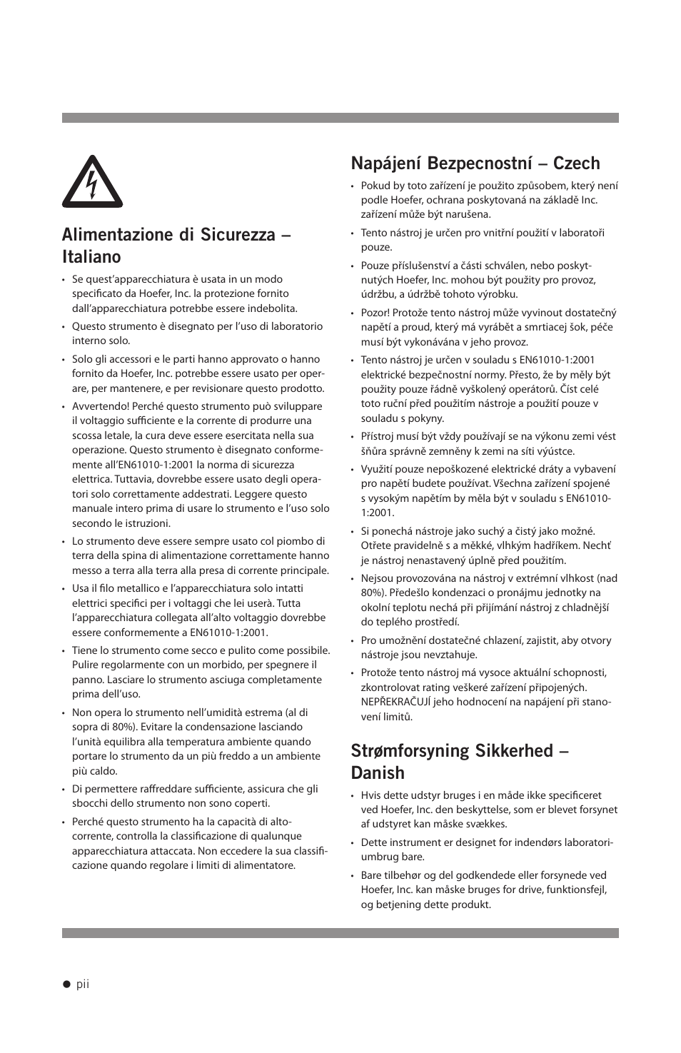 Alimentazione di sicurezza – italiano, Napájení bezpecnostní – czech, Strømforsyning sikkerhed – danish | Hoefer PS2A200 User Manual | Page 3 / 28