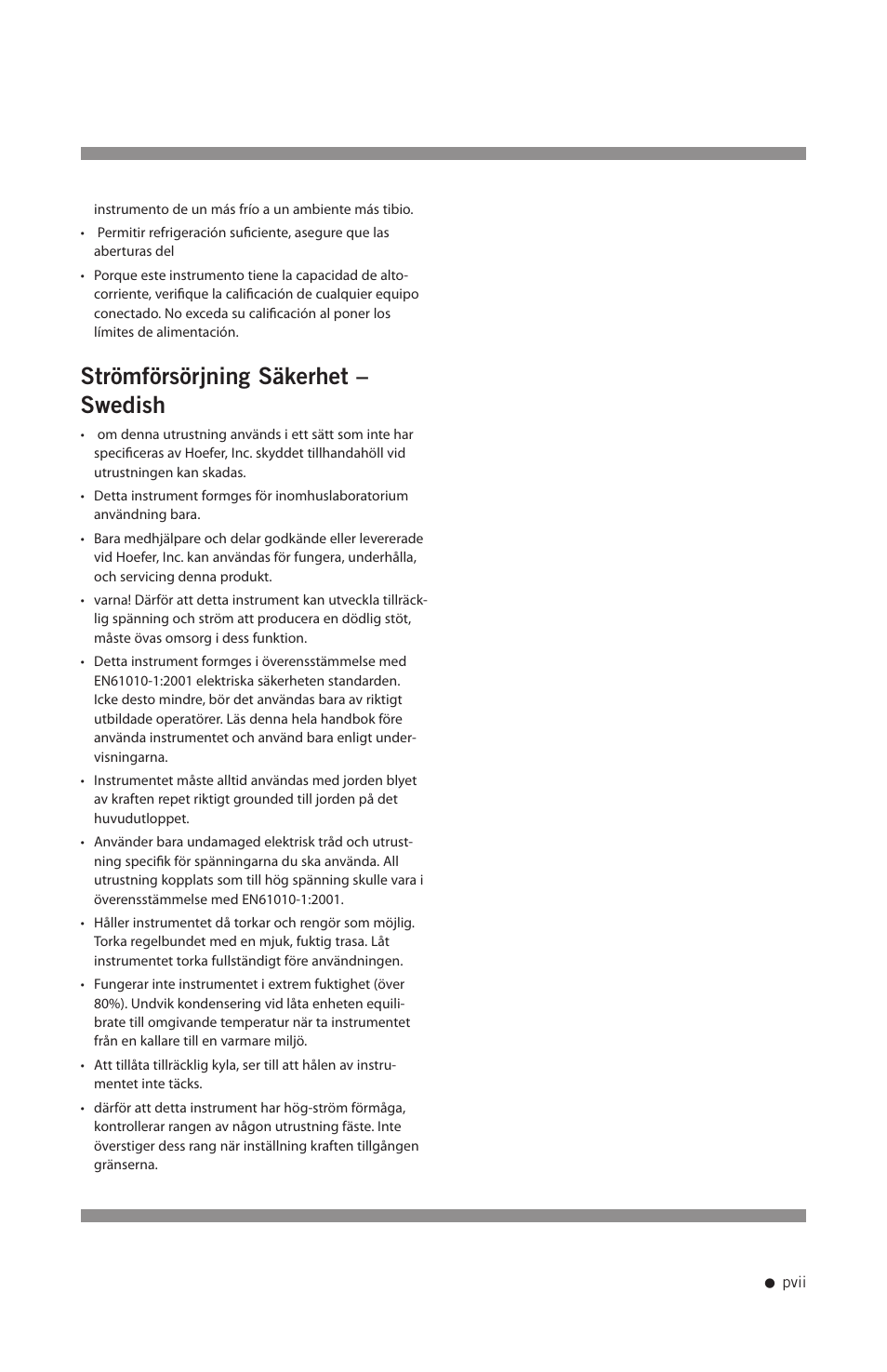 Strömförsörjning säkerhet – swedish | Hoefer PS2A200 User Manual | Page 8 / 28