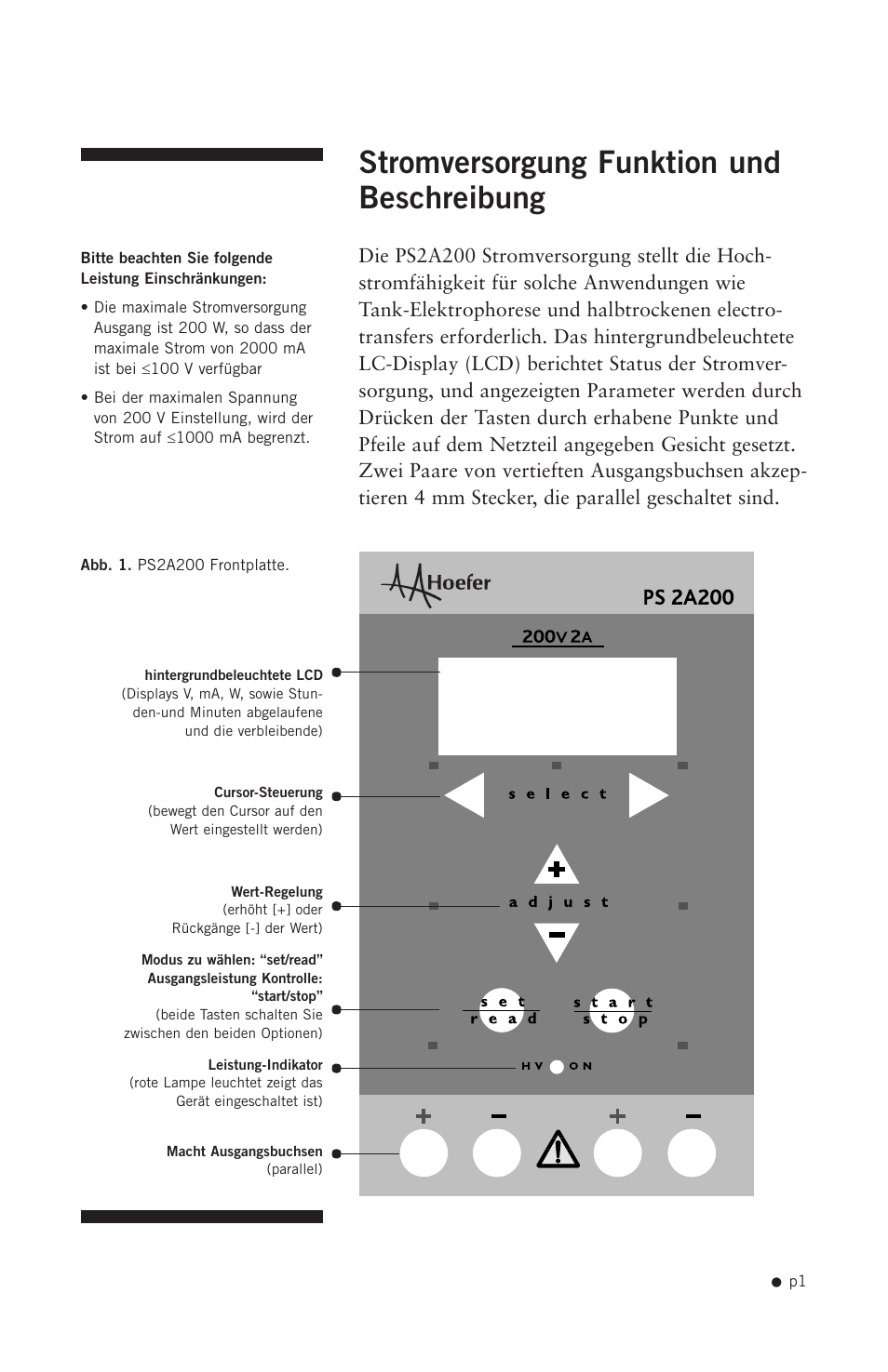 Stromversorgung funktion und beschreibung | Hoefer PS2A200 User Manual | Page 10 / 28