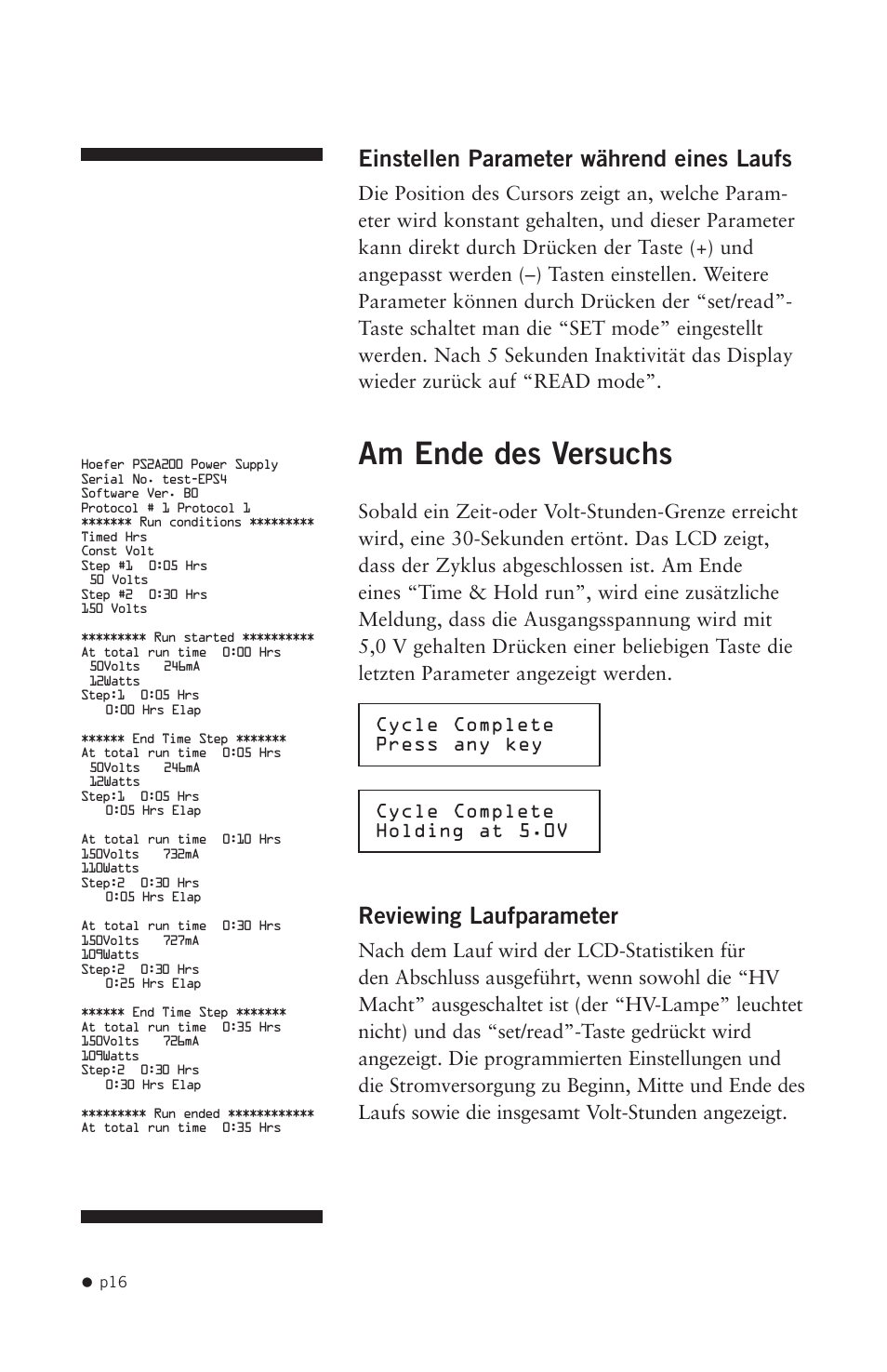 Am ende des versuchs, Einstellen parameter während eines laufs, Reviewing laufparameter | Hoefer PS2A200 User Manual | Page 25 / 28