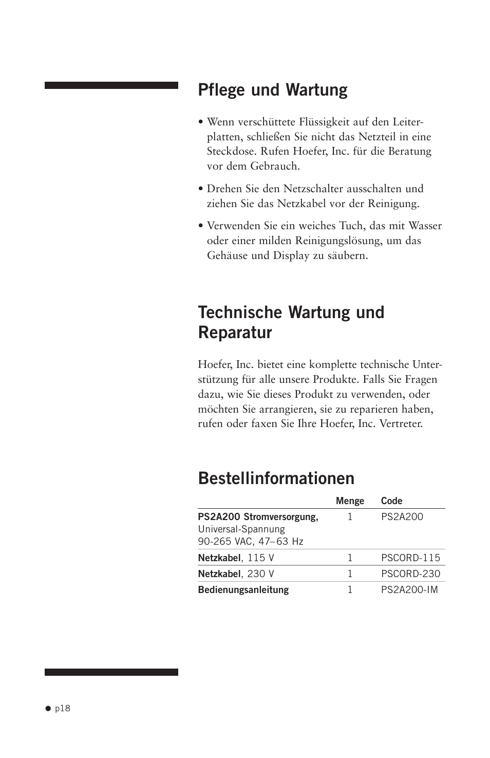 Pflege und wartung, Technische wartung und reparatur, Bestellinformationen | Hoefer PS2A200 User Manual | Page 27 / 28