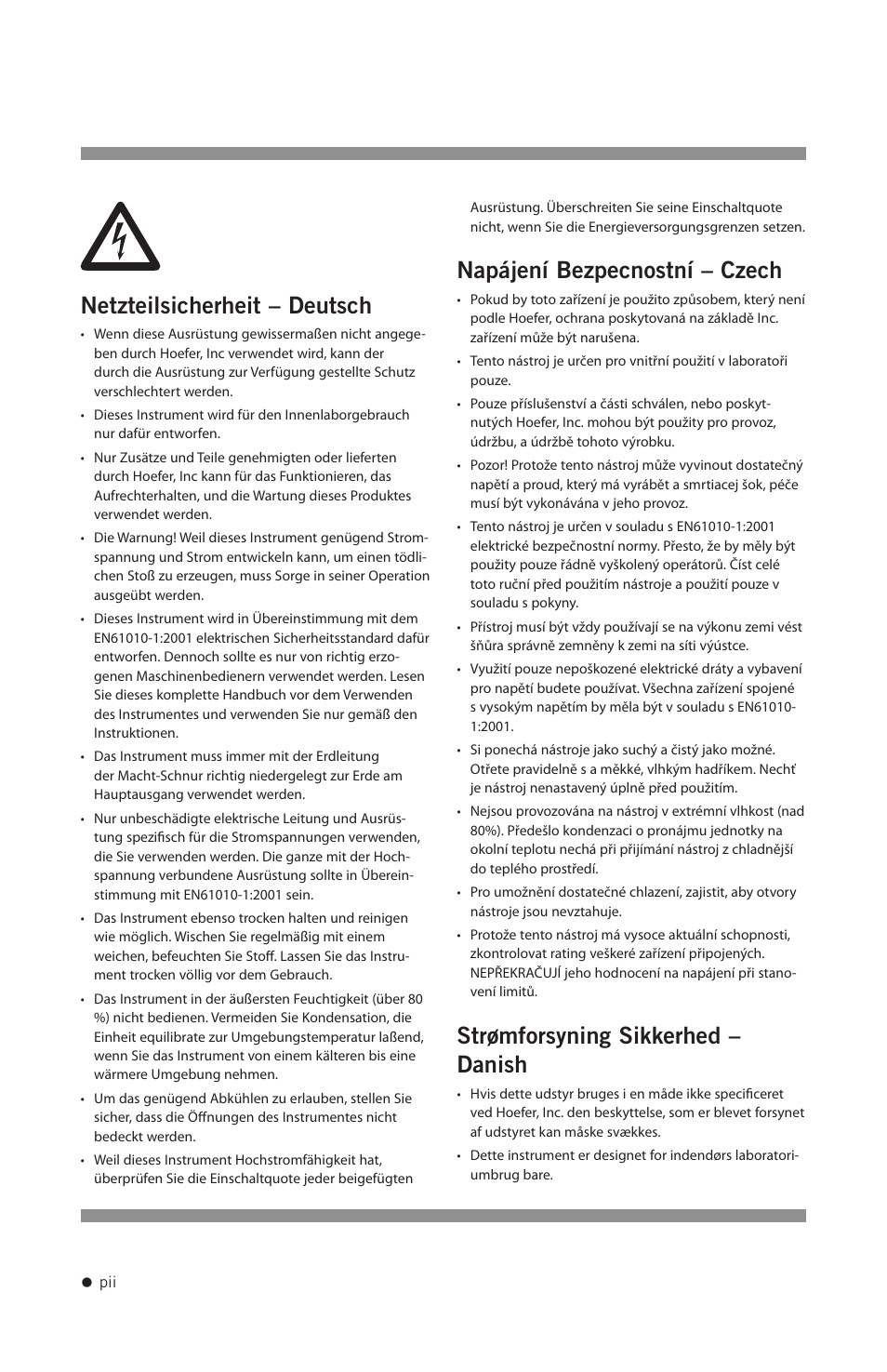Netzteilsicherheit – deutsch, Napájení bezpecnostní – czech, Strømforsyning sikkerhed – danish | Hoefer PS2A200 User Manual | Page 3 / 28