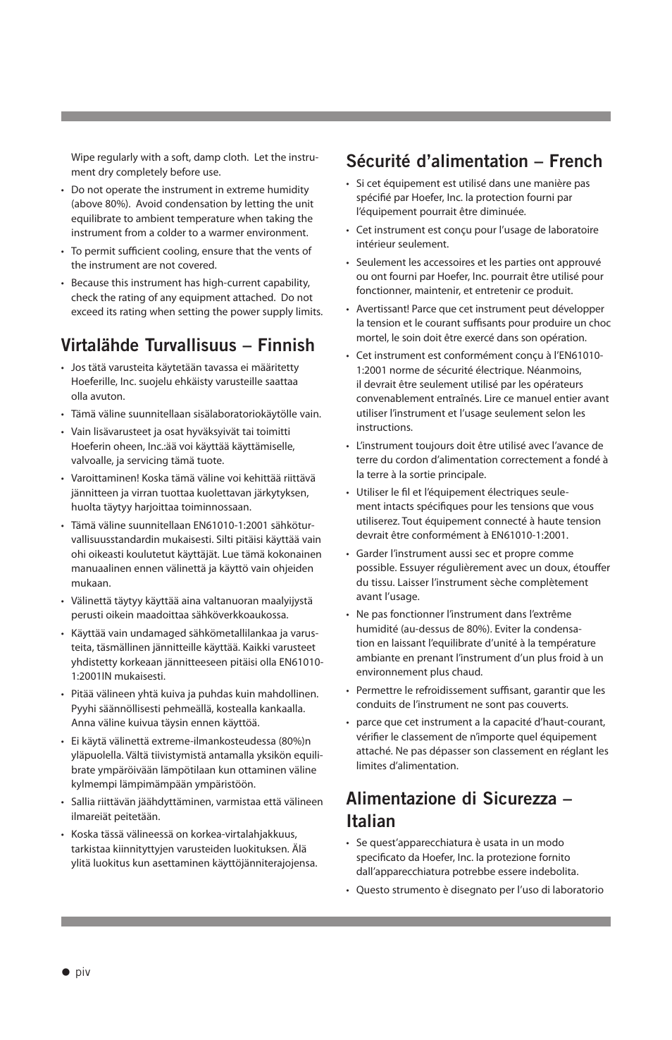 Virtalähde turvallisuus – finnish, Sécurité d’alimentation – french, Alimentazione di sicurezza – italian | Hoefer PS2A200 User Manual | Page 5 / 28