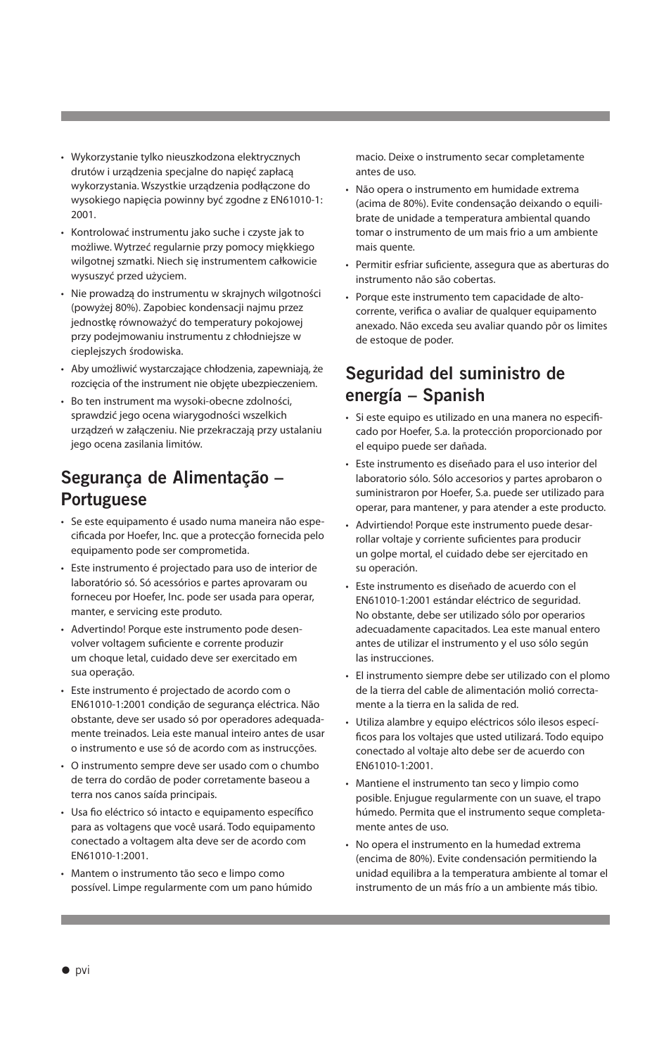 Segurança de alimentação – portuguese, Seguridad del suministro de energía – spanish | Hoefer PS2A200 User Manual | Page 7 / 28