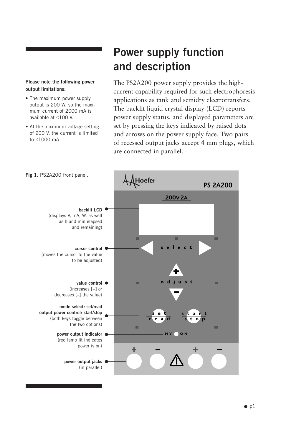 Power supply function and description | Hoefer PS2A200 User Manual | Page 10 / 28