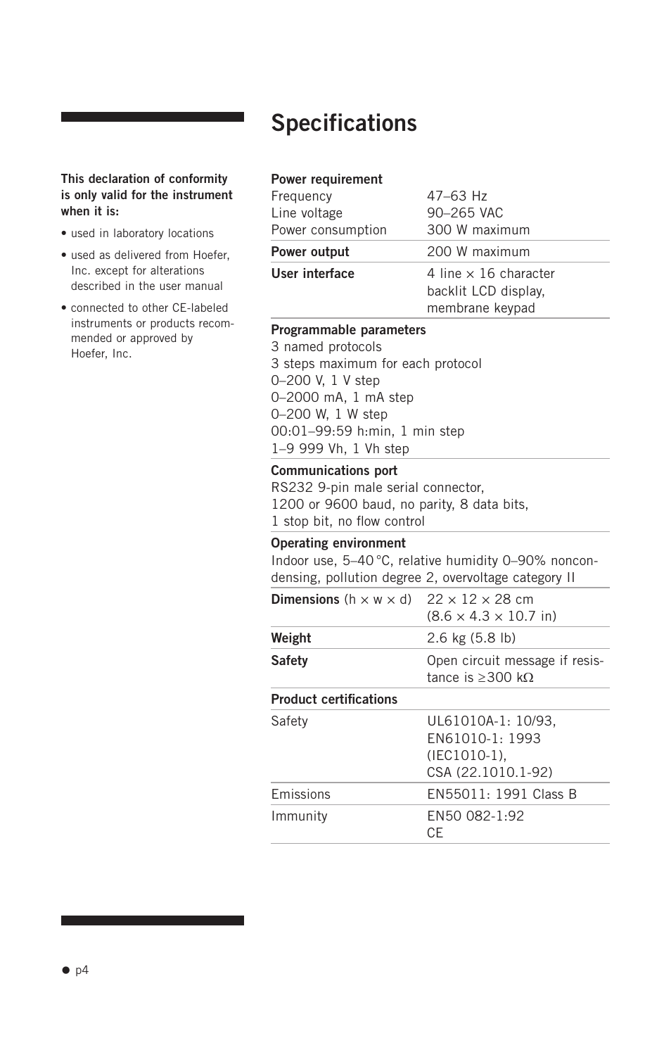 Specifications | Hoefer PS2A200 User Manual | Page 13 / 28