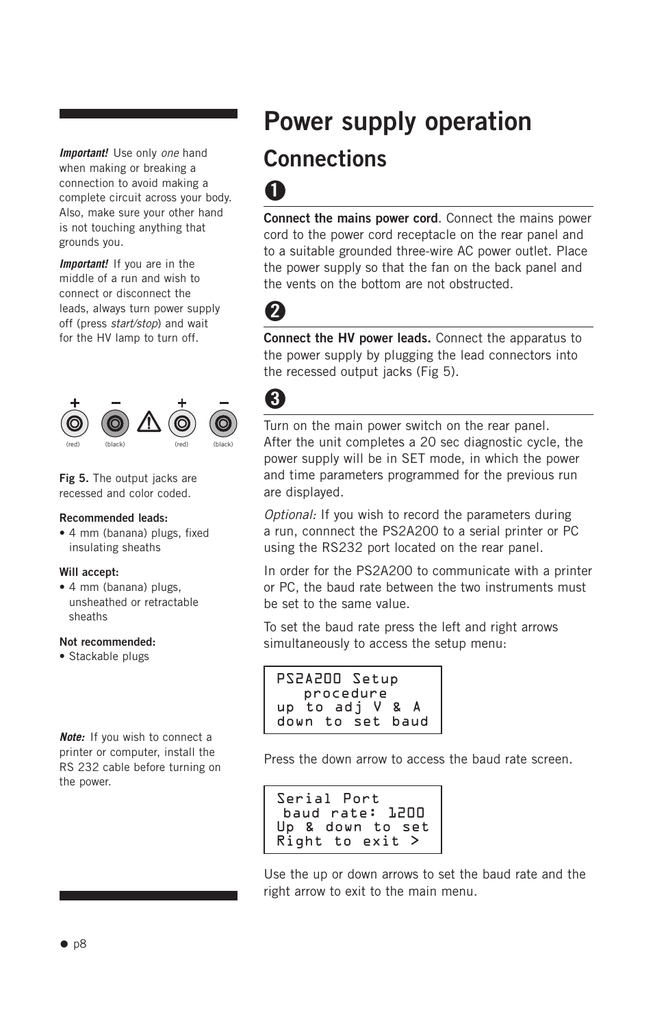 Power supply operation, Connections, Connections 1 | Hoefer PS2A200 User Manual | Page 17 / 28