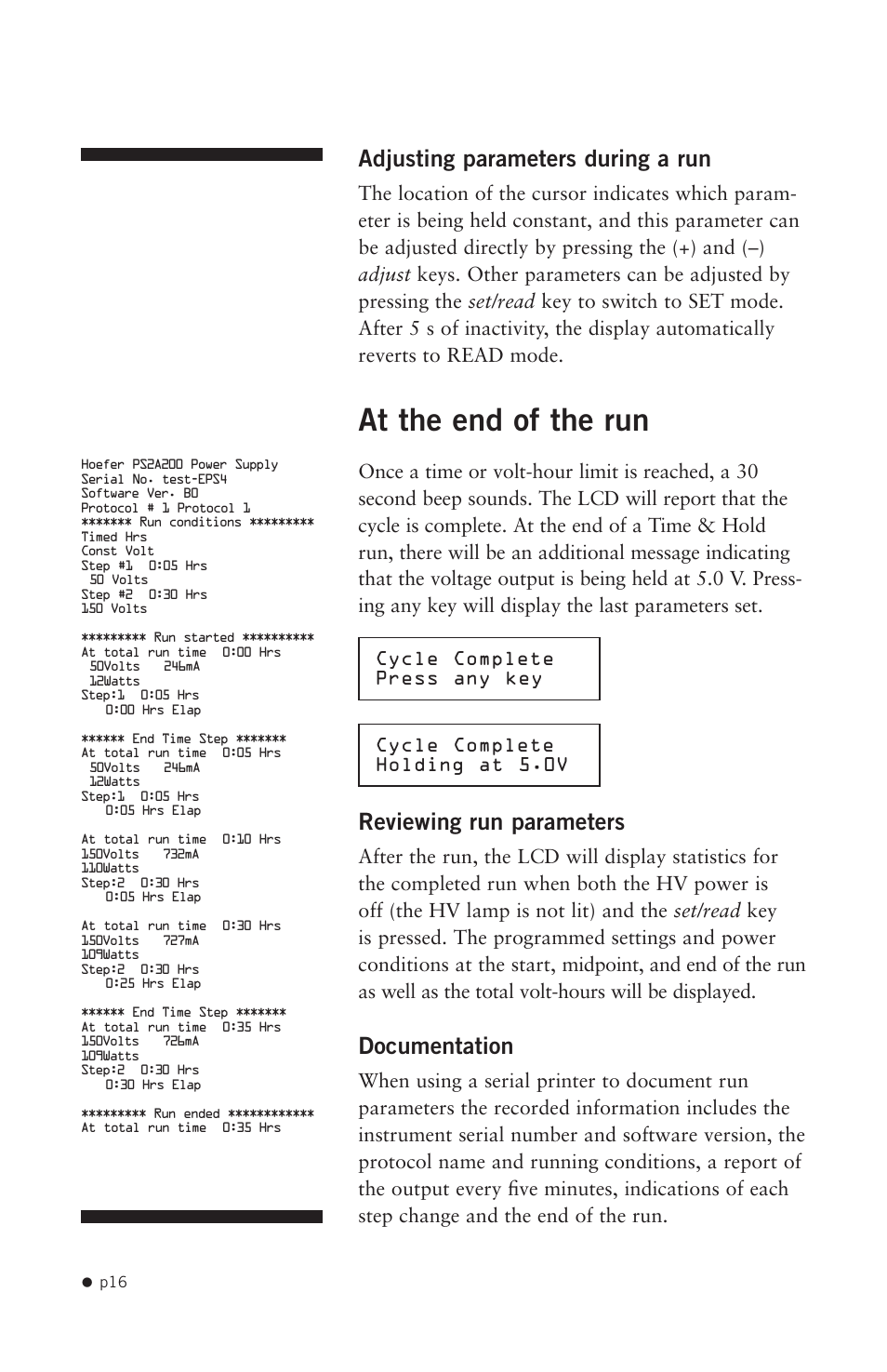 At the end of the run, Adjusting parameters during a run, Reviewing run parameters | Documentation | Hoefer PS2A200 User Manual | Page 25 / 28