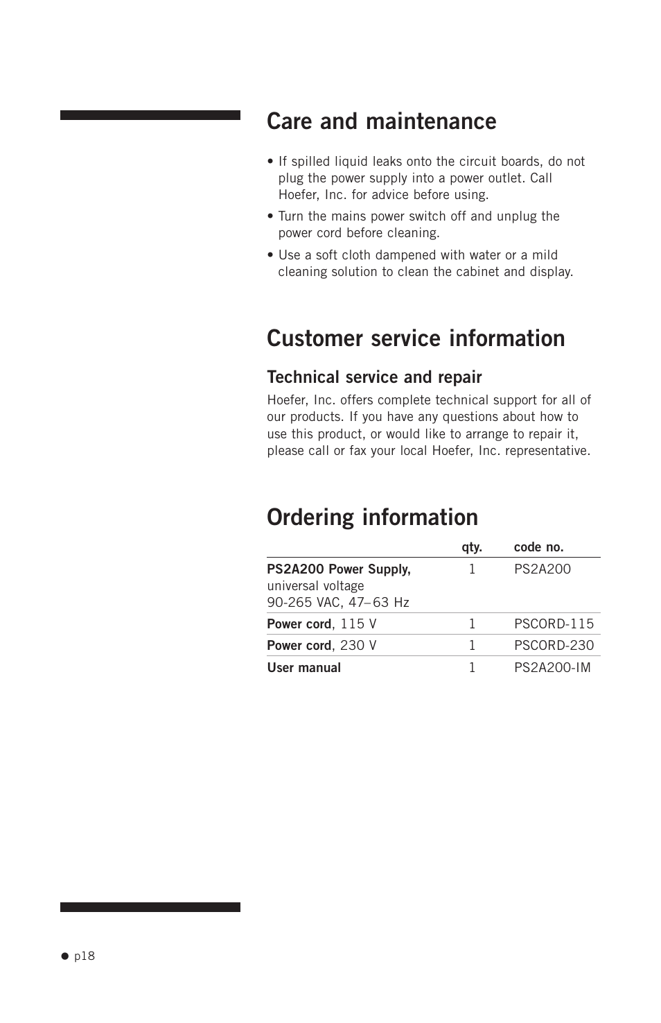 Care and maintenance, Customer service information, Ordering information | Technical service and repair | Hoefer PS2A200 User Manual | Page 27 / 28