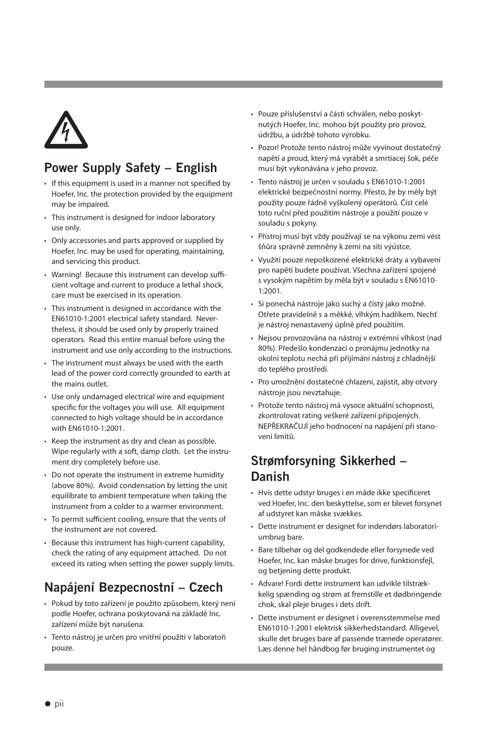 Power supply safety – english, Napájení bezpecnostní – czech, Strømforsyning sikkerhed – danish | Hoefer PS2A200 User Manual | Page 3 / 28