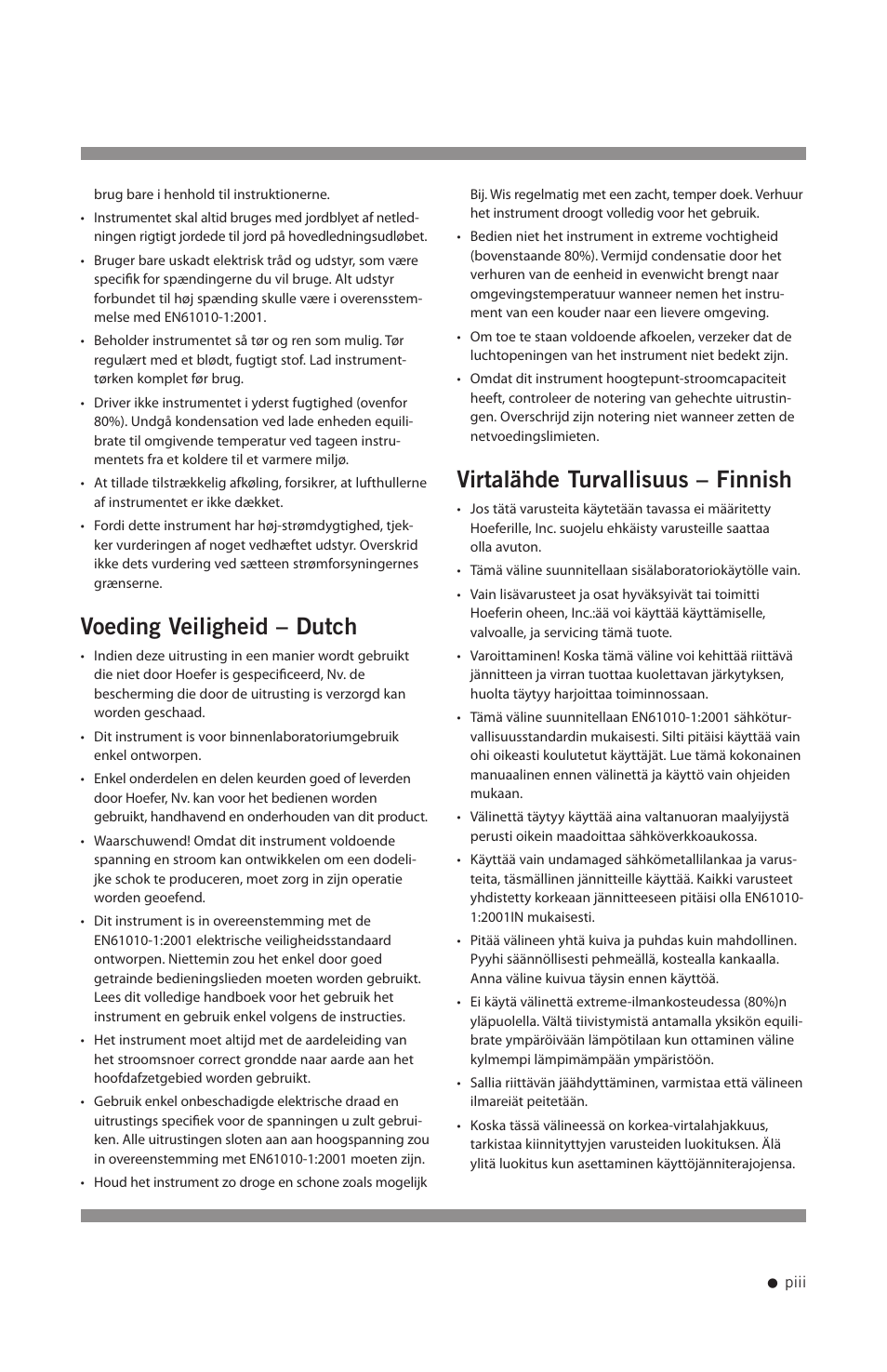 Voeding veiligheid – dutch, Virtalähde turvallisuus – finnish | Hoefer PS2A200 User Manual | Page 4 / 28