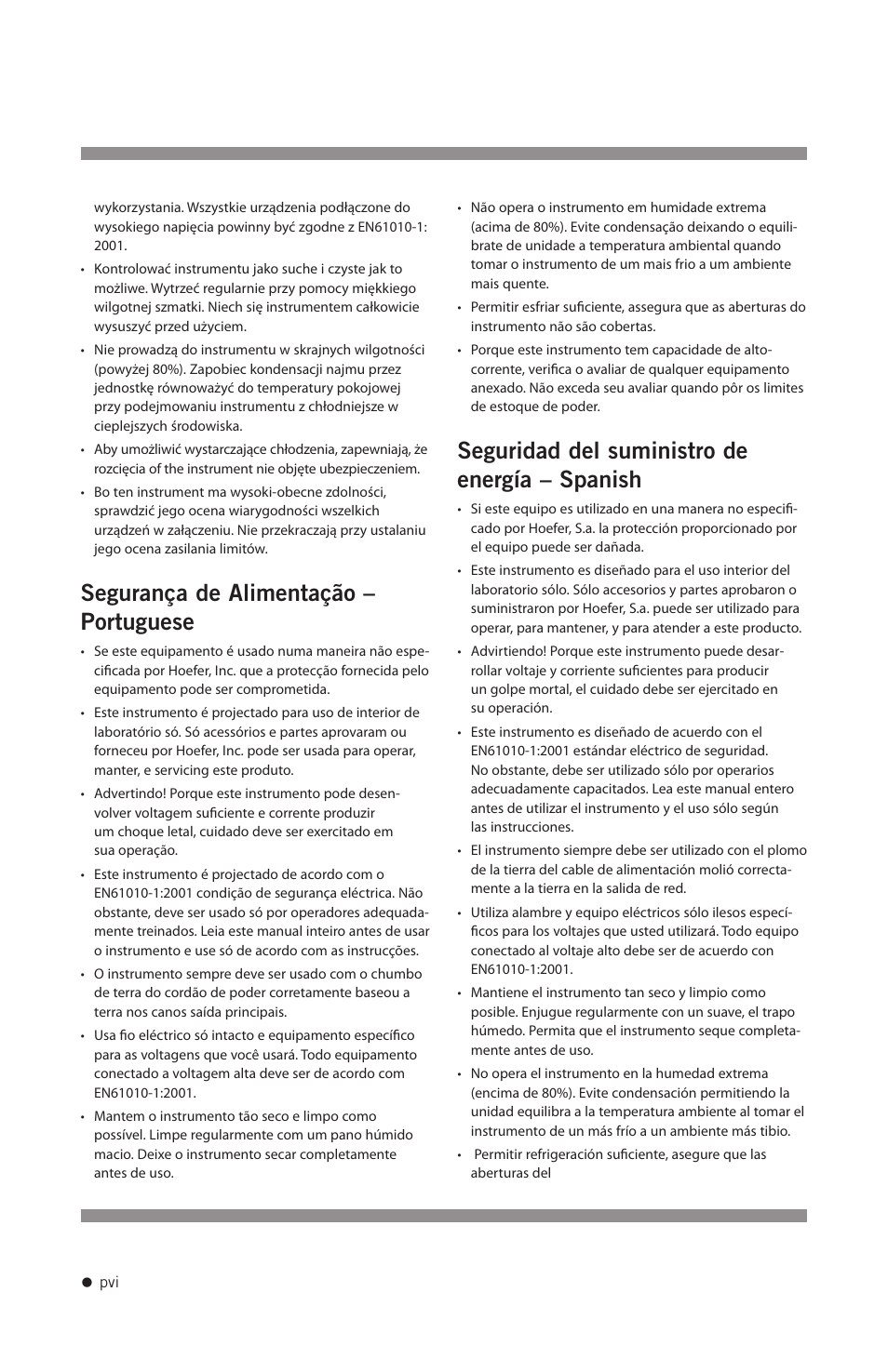 Segurança de alimentação – portuguese, Seguridad del suministro de energía – spanish | Hoefer PS2A200 User Manual | Page 7 / 28