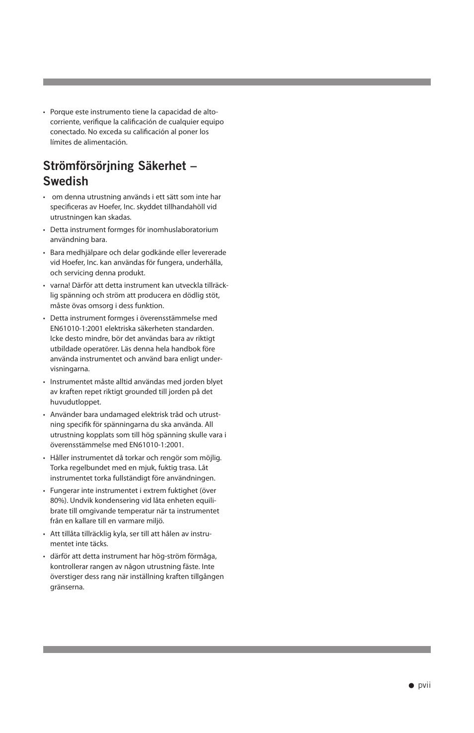 Strömförsörjning säkerhet – swedish | Hoefer PS2A200 User Manual | Page 8 / 28