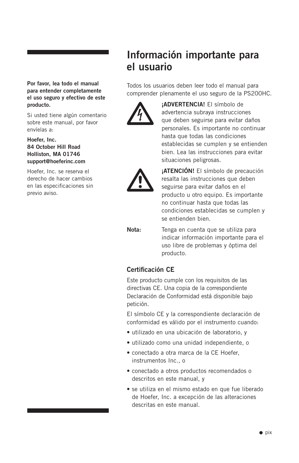 Información importante para el usuario | Hoefer PS200HC User Manual | Page 10 / 26