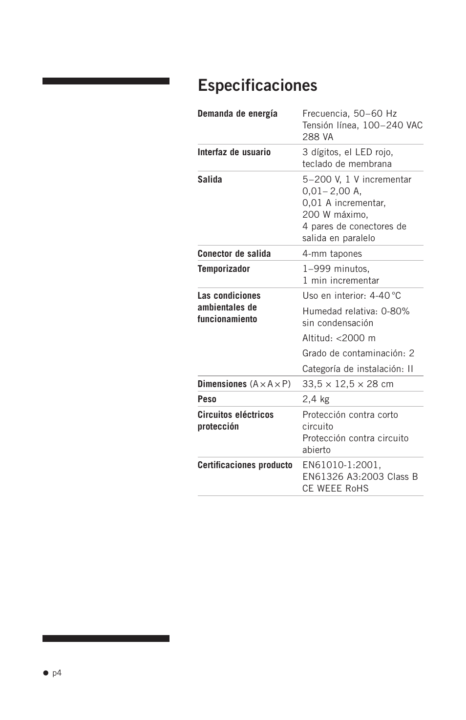 Especificaciones | Hoefer PS200HC User Manual | Page 14 / 26