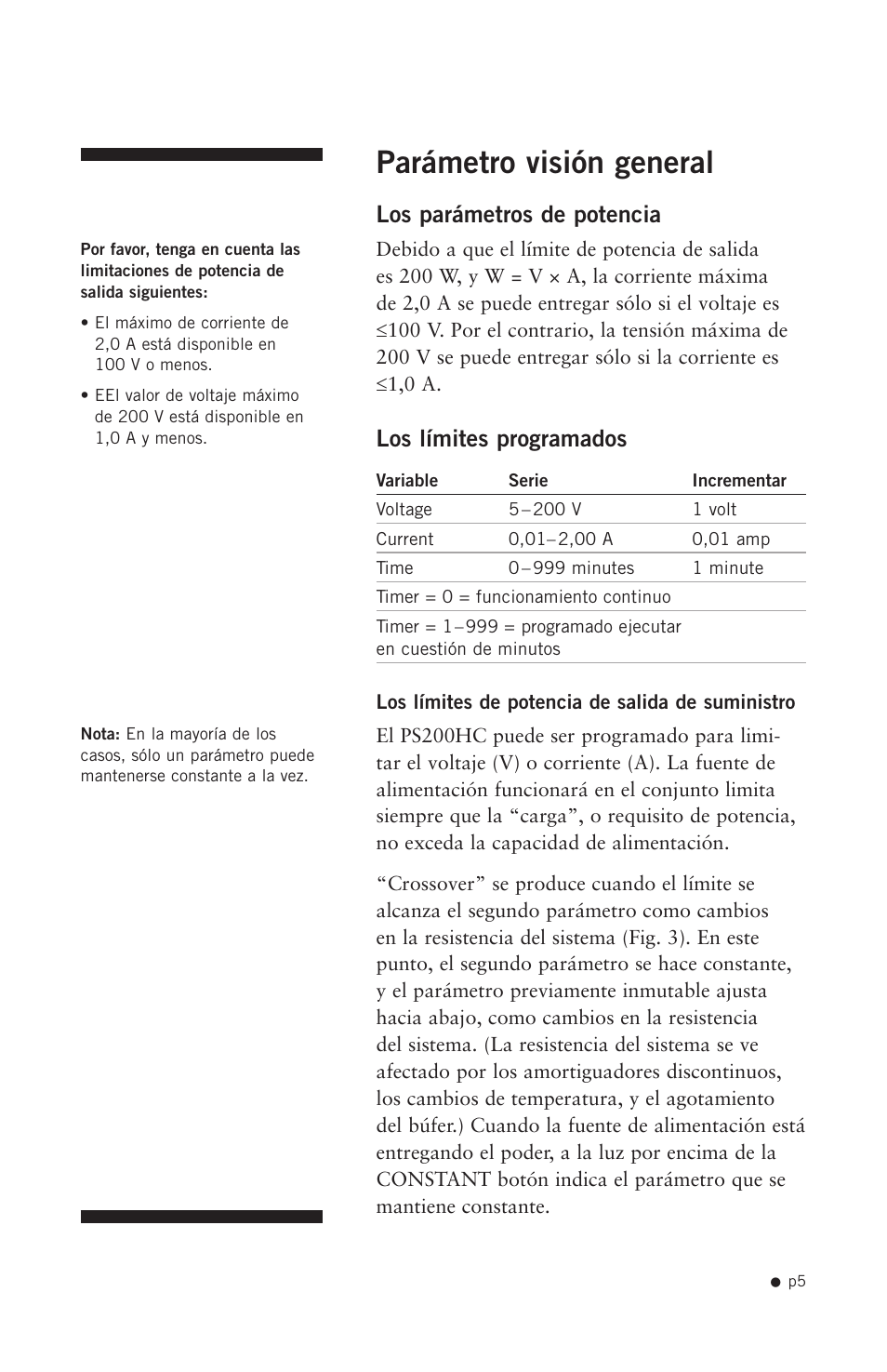 Parámetro visión general, Los parámetros de potencia, Los límites programados | Hoefer PS200HC User Manual | Page 15 / 26