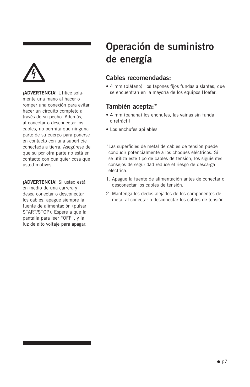 Operación de suministro de energía, Cables recomendadas, También acepta | Hoefer PS200HC User Manual | Page 17 / 26
