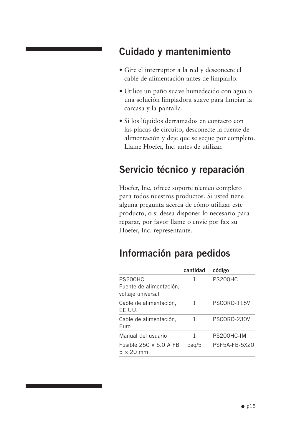 Cuidado y mantenimiento, Servicio técnico y reparación, Información para pedidos | Hoefer PS200HC User Manual | Page 25 / 26