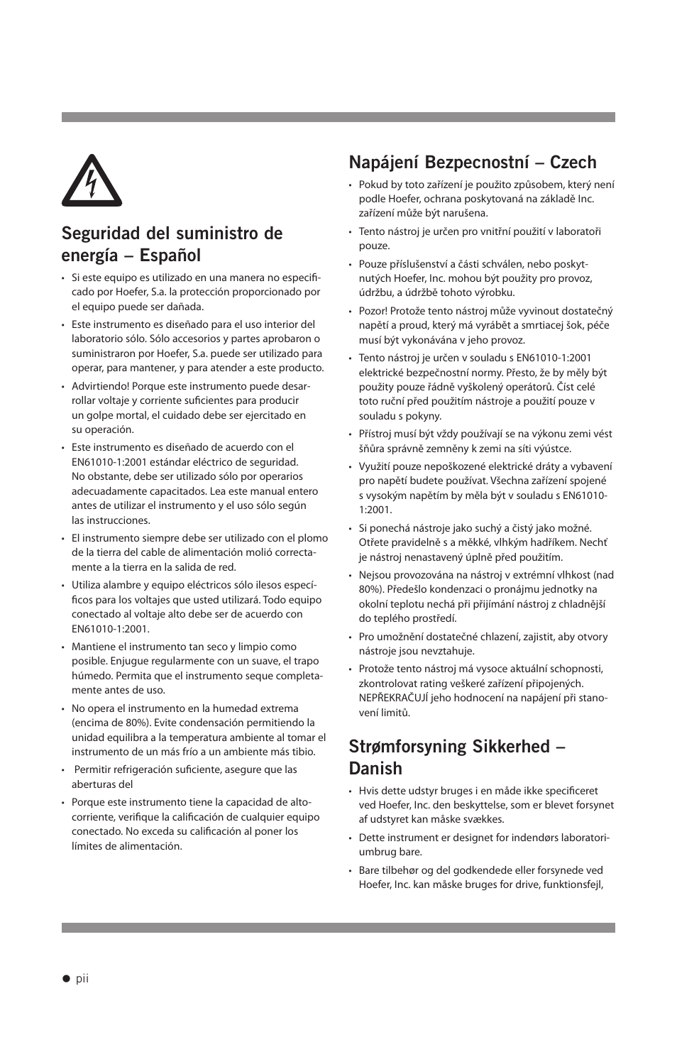 Seguridad del suministro de energía – español, Napájení bezpecnostní – czech, Strømforsyning sikkerhed – danish | Hoefer PS200HC User Manual | Page 3 / 26