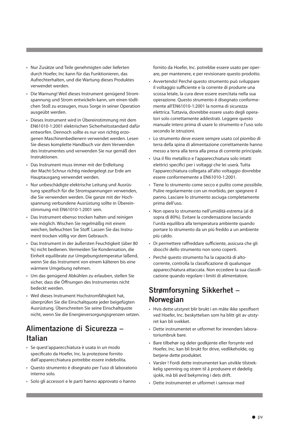 Alimentazione di sicurezza – italian, Strømforsyning sikkerhet – norwegian | Hoefer PS200HC User Manual | Page 6 / 26