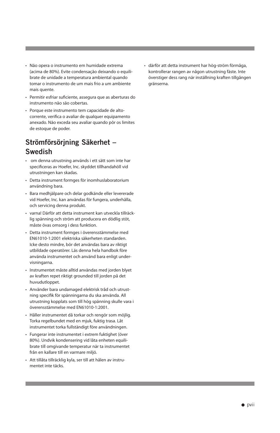 Strömförsörjning säkerhet – swedish | Hoefer PS200HC User Manual | Page 8 / 26