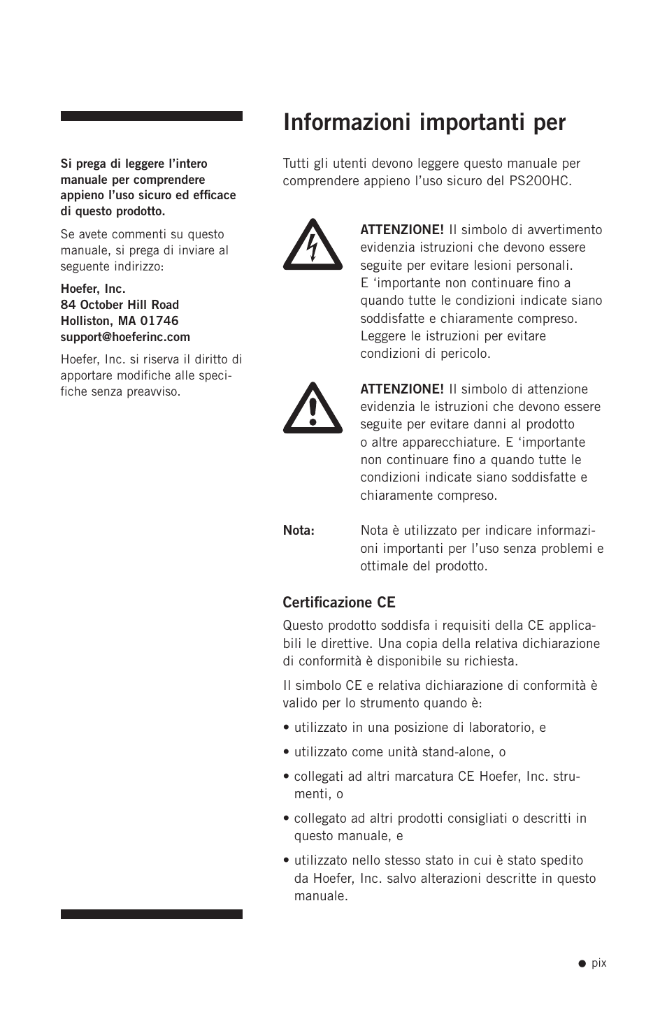 Informazioni importanti per | Hoefer PS200HC User Manual | Page 10 / 26