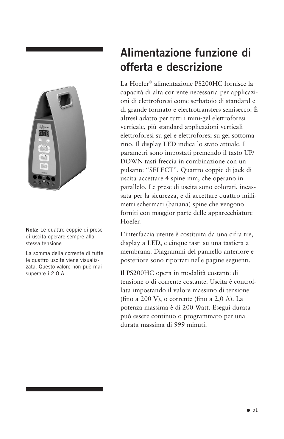 Alimentazione funzione di offerta e descrizione | Hoefer PS200HC User Manual | Page 11 / 26