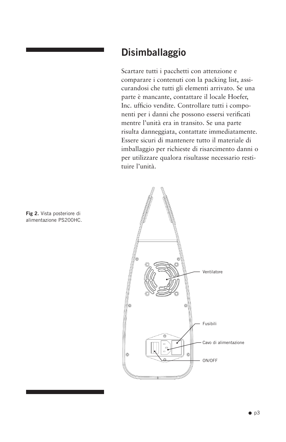 Disimballaggio | Hoefer PS200HC User Manual | Page 13 / 26