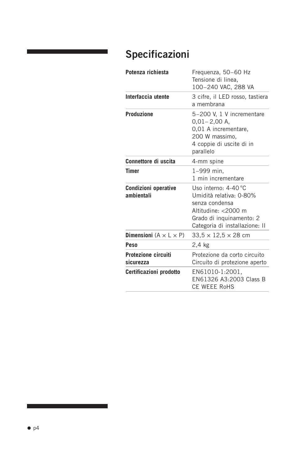 Specificazioni | Hoefer PS200HC User Manual | Page 14 / 26
