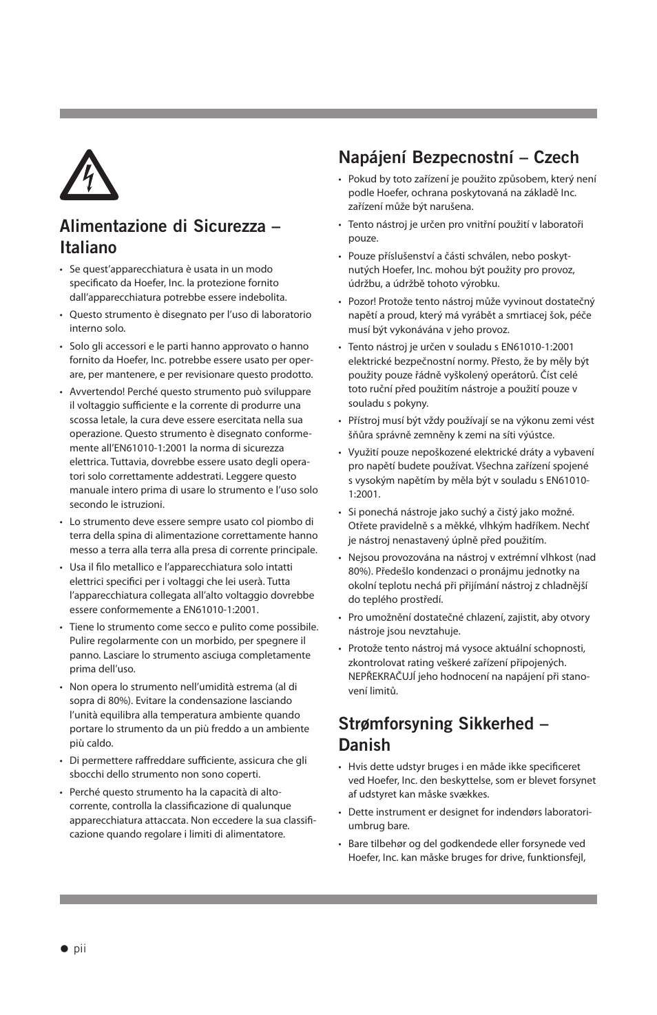 Alimentazione di sicurezza – italiano, Napájení bezpecnostní – czech, Strømforsyning sikkerhed – danish | Hoefer PS200HC User Manual | Page 3 / 26