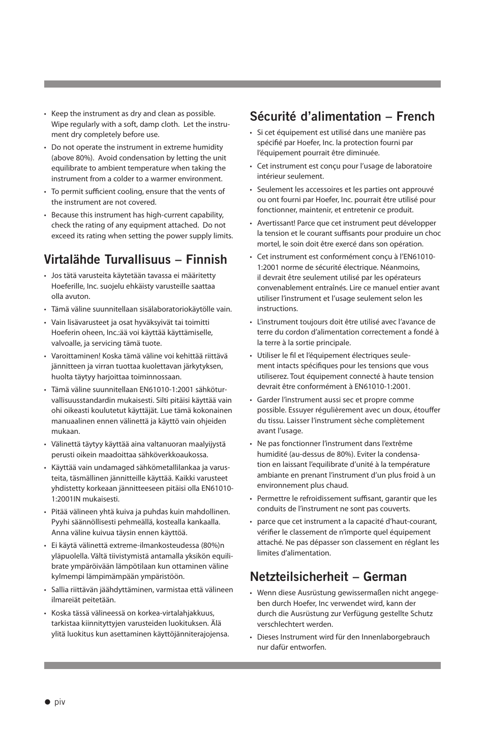 Virtalähde turvallisuus – finnish, Sécurité d’alimentation – french, Netzteilsicherheit – german | Hoefer PS200HC User Manual | Page 5 / 26