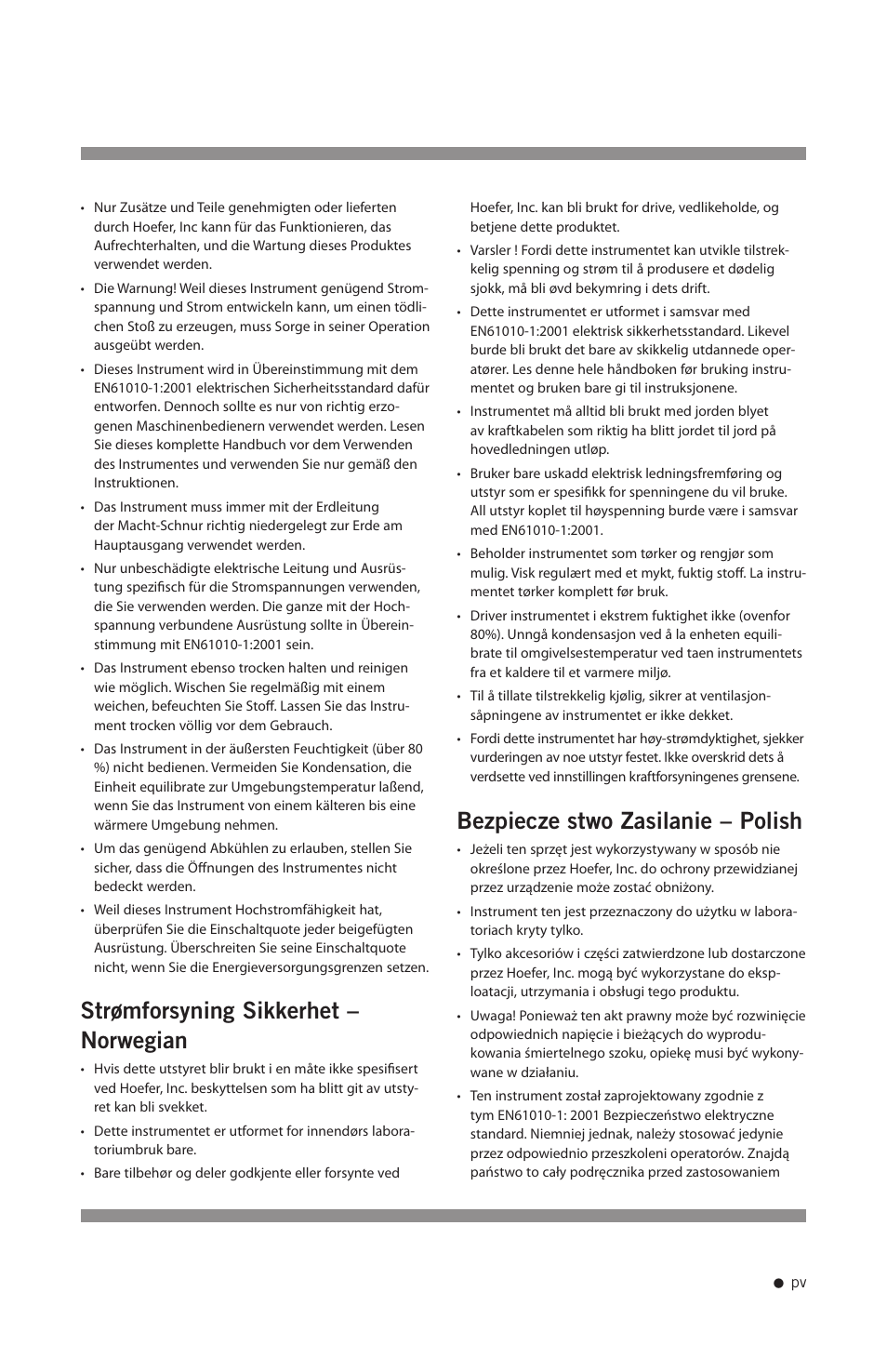 Strømforsyning sikkerhet – norwegian, Bezpieczeństwo zasilanie – polish | Hoefer PS200HC User Manual | Page 6 / 26