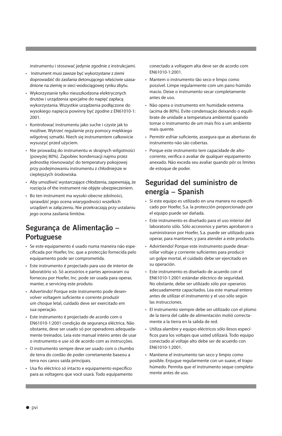 Segurança de alimentação – portuguese, Seguridad del suministro de energía – spanish | Hoefer PS200HC User Manual | Page 7 / 26
