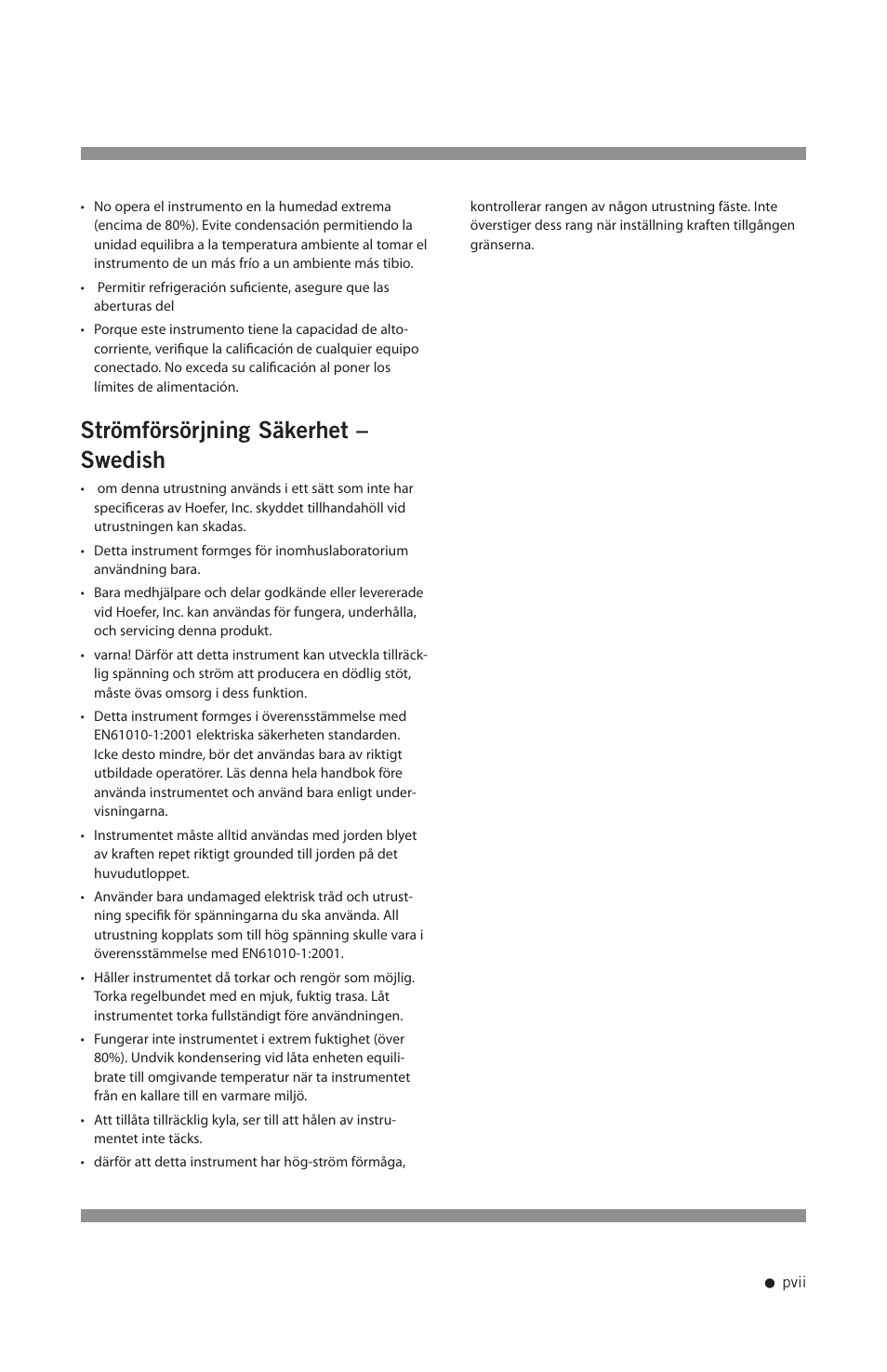 Strömförsörjning säkerhet – swedish | Hoefer PS200HC User Manual | Page 8 / 26