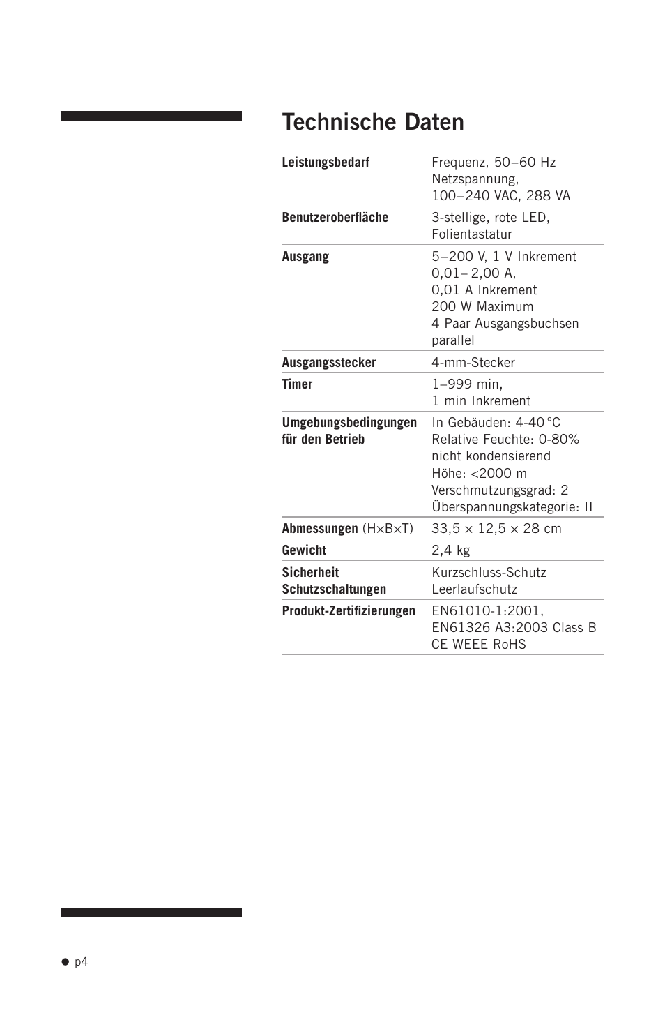 Technische daten | Hoefer PS200HC User Manual | Page 14 / 26