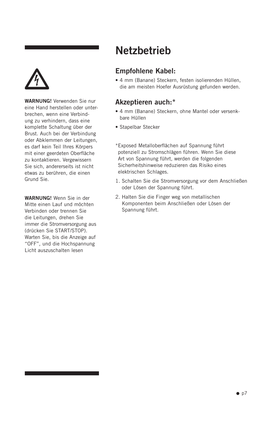 Netzbetrieb, Empfohlene kabel, Akzeptieren auch | Hoefer PS200HC User Manual | Page 17 / 26