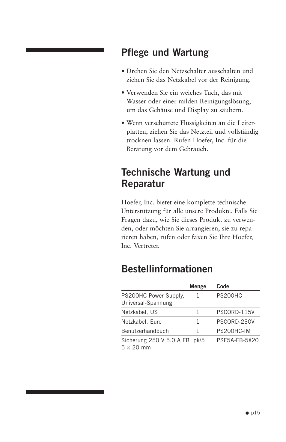 Pflege und wartung, Technische wartung und reparatur, Bestellinformationen | Hoefer PS200HC User Manual | Page 25 / 26