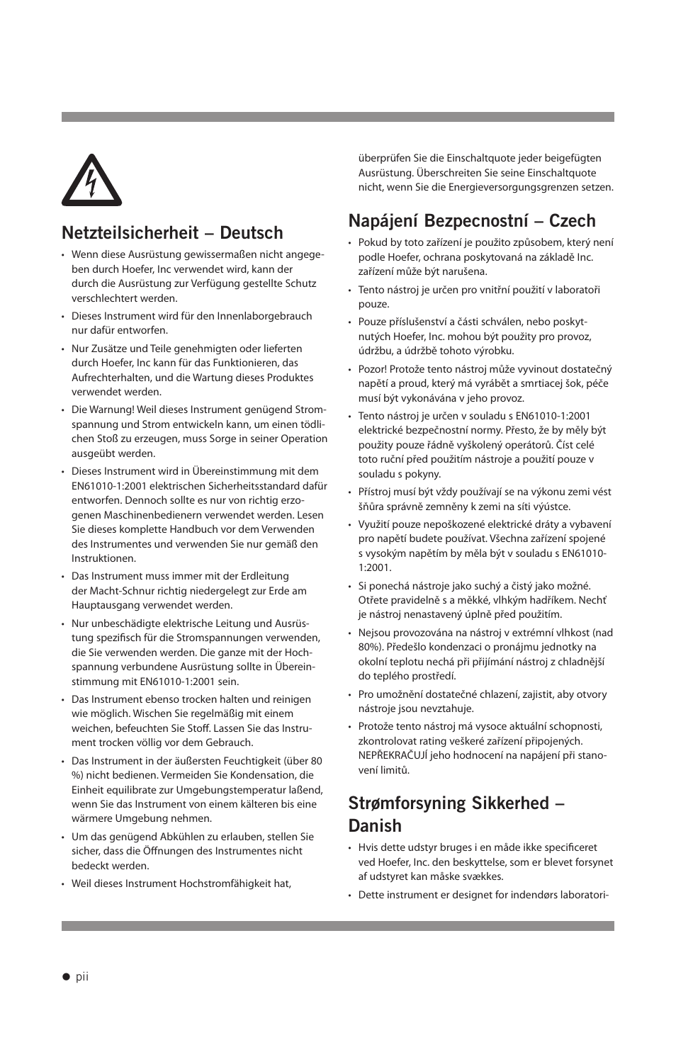 Netzteilsicherheit – deutsch, Napájení bezpecnostní – czech, Strømforsyning sikkerhed – danish | Hoefer PS200HC User Manual | Page 3 / 26