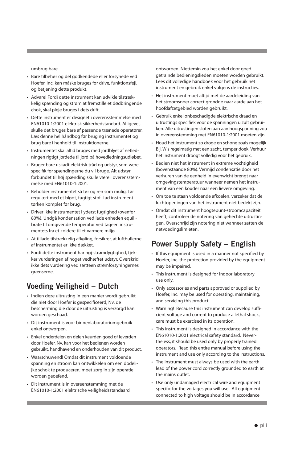 Voeding veiligheid – dutch, Power supply safety – english | Hoefer PS200HC User Manual | Page 4 / 26