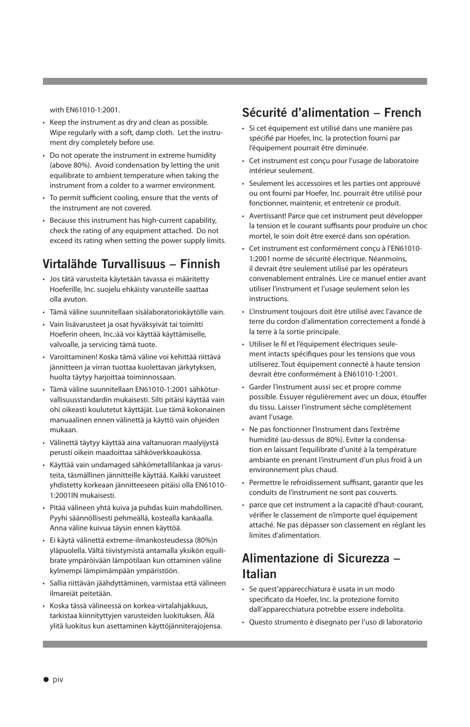 Virtalähde turvallisuus – finnish, Sécurité d’alimentation – french, Alimentazione di sicurezza – italian | Hoefer PS200HC User Manual | Page 5 / 26