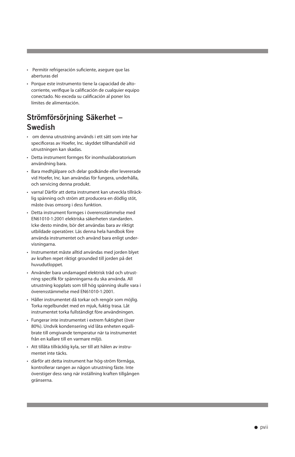 Strömförsörjning säkerhet – swedish | Hoefer PS200HC User Manual | Page 8 / 26