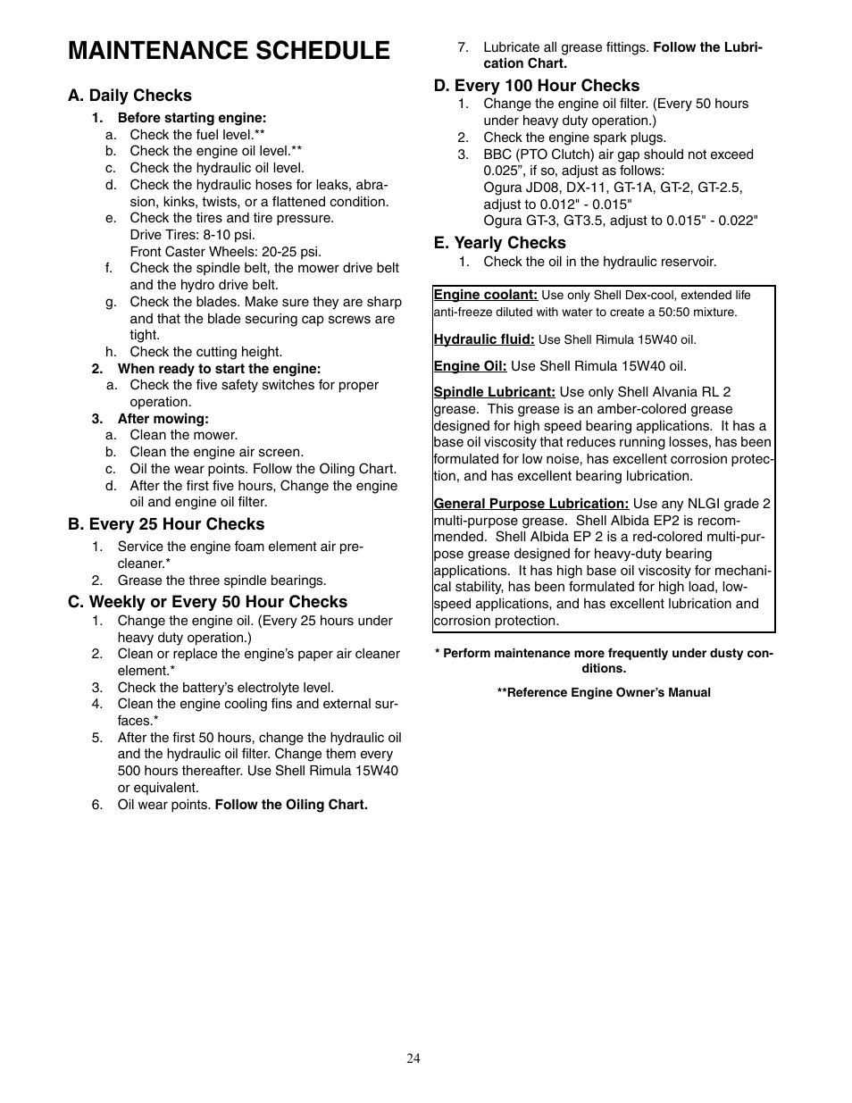 Maintenance schedule | Cub Cadet 53AH8ST5050 User Manual | Page 24 / 32