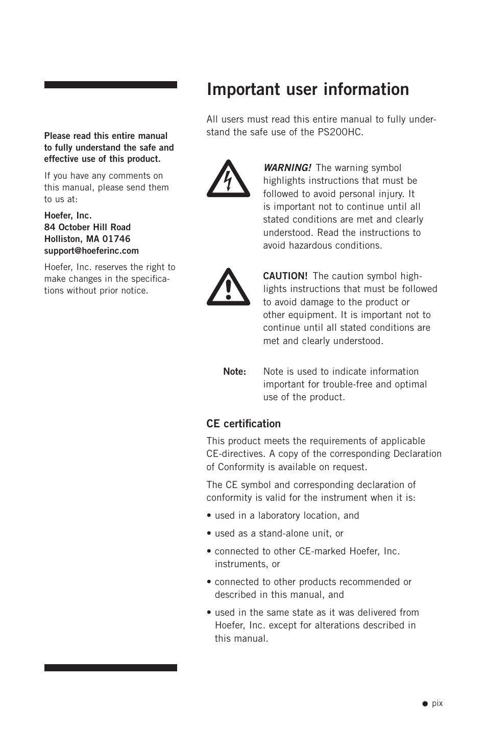 Important user information | Hoefer PS200HC User Manual | Page 10 / 26