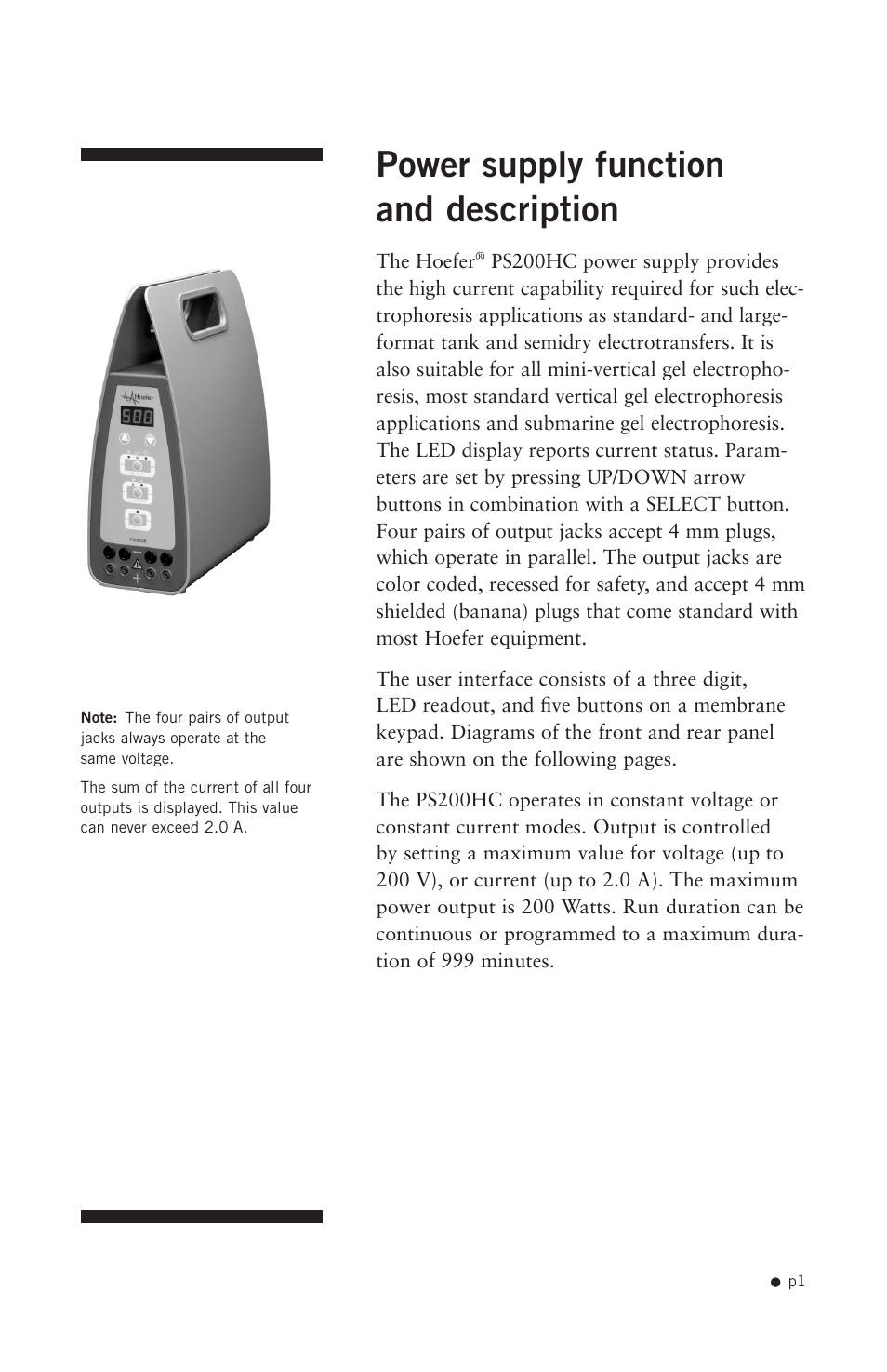 Power supply function and description | Hoefer PS200HC User Manual | Page 11 / 26