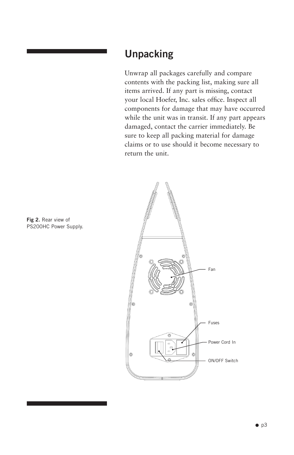 Unpacking | Hoefer PS200HC User Manual | Page 13 / 26