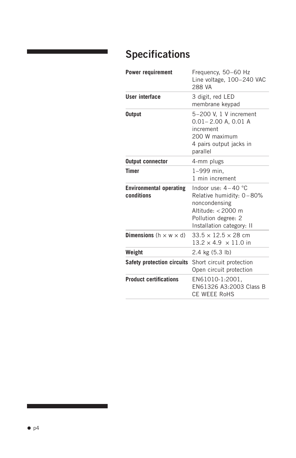 Specifications | Hoefer PS200HC User Manual | Page 14 / 26