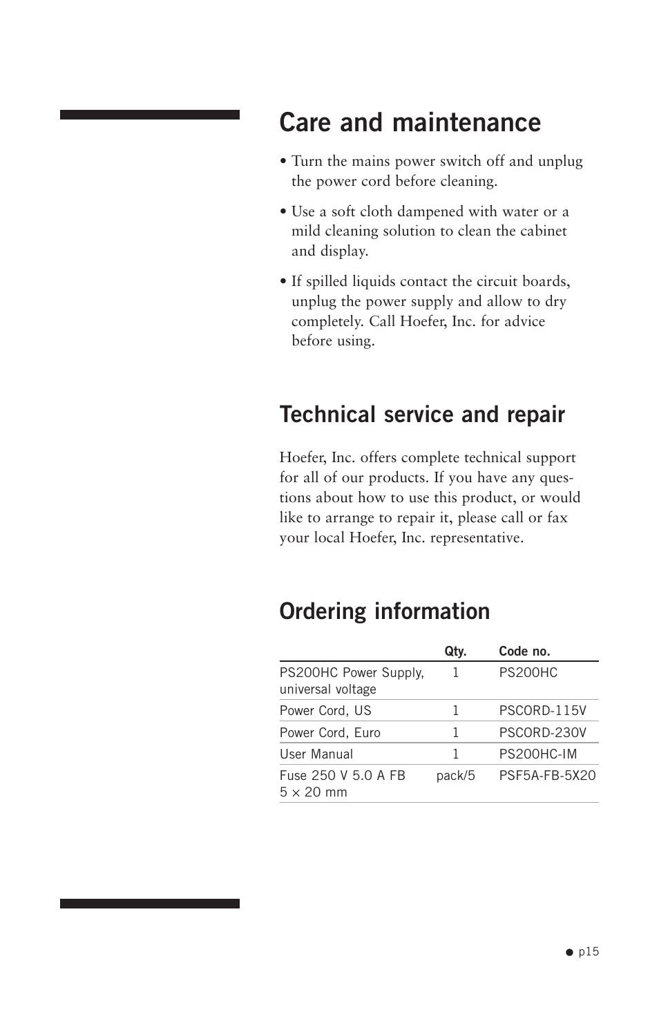 Care and maintenance, Technical service and repair, Ordering information | Hoefer PS200HC User Manual | Page 25 / 26